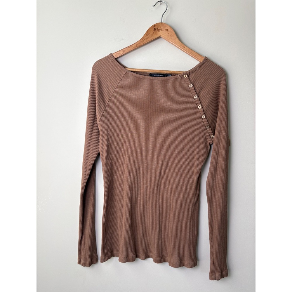 Doe & Rae Brown Ribbed Long Sleeve Top Asymmetrical Button Shoulder Large